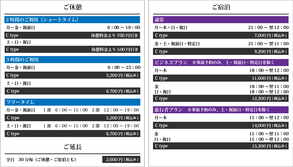 Cタイプ料金表詳細